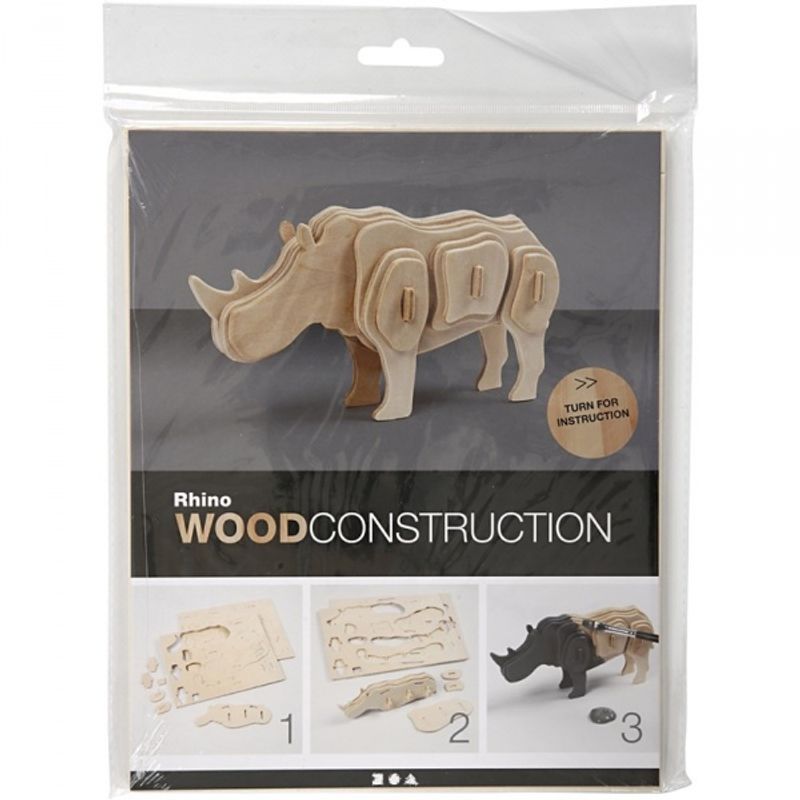 3D Puzzle, LxBxH 16x4x8 cm, kryssfiner, neshorn, 1 stk. 