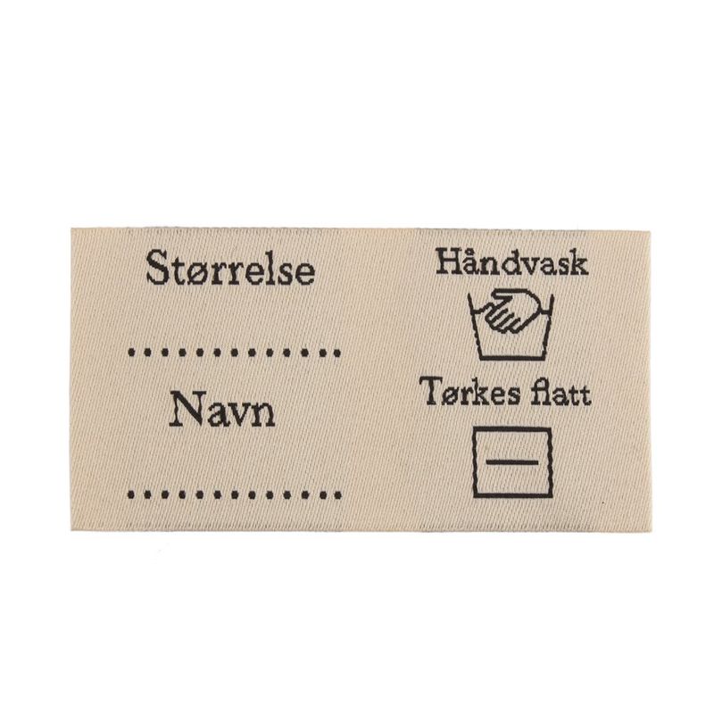 Merkelapp med tekst 35x65mm  Størrelse og vaskeanvisning Vevd s